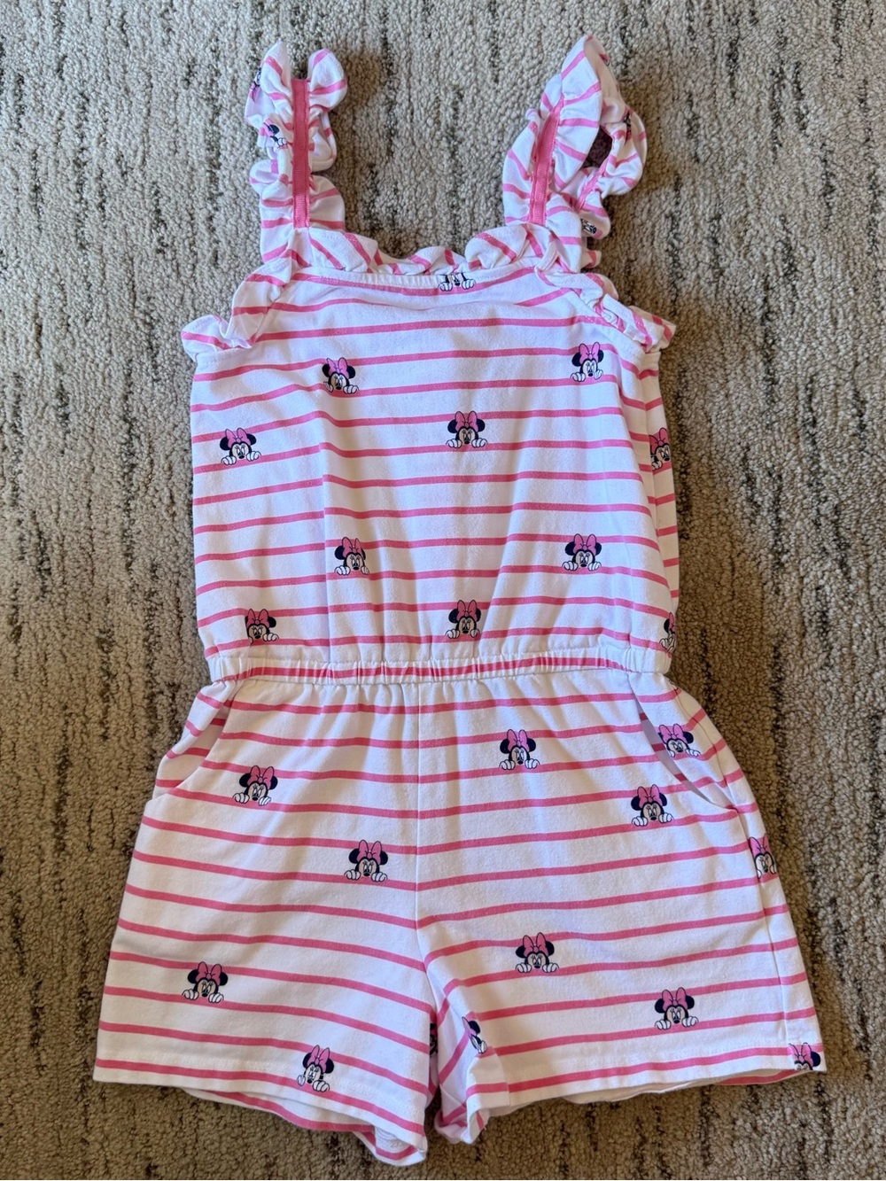 Janie and Jack x Disney Pink & White Striped Minnie Mouse Romper